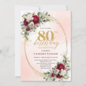 Trendy Burgundy Floral Gold 80th Birthday Invite Kaart (Voorkant)