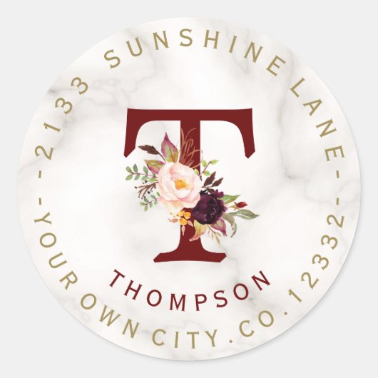 Trendy Burgundy Red Floral Circular Address Label (Voorkant)