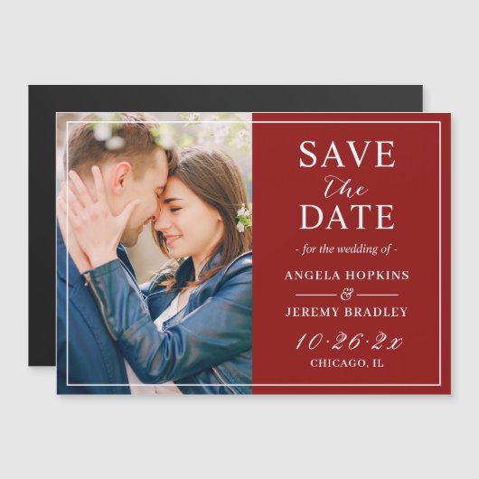 Trendy Burgundy Red Foto Save the Date Magnet (Voorkant / Achterkant)