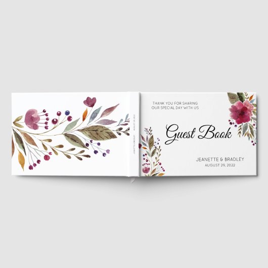 Trendy Burgundy Waterverf Flowers Wedding Gastenboek (Volledig)