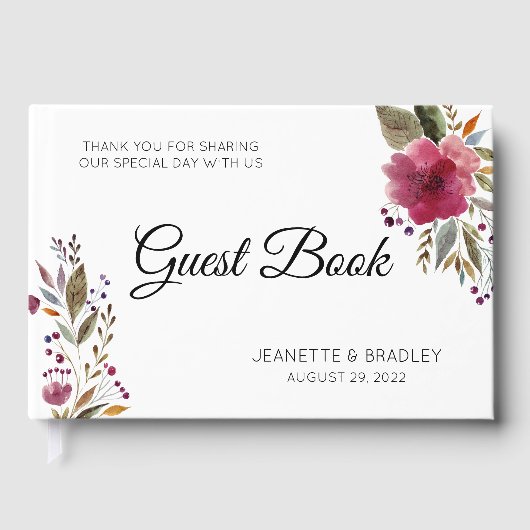 Trendy Burgundy Waterverf Flowers Wedding Gastenboek (Voorkant)