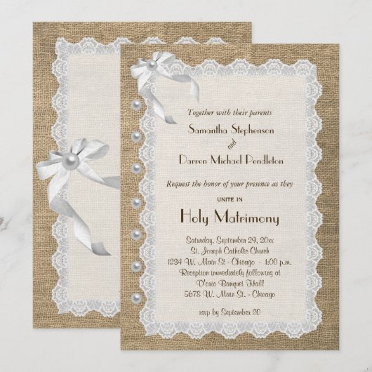 Trendy Burlap Lace en Pearls Wedding Invite Kaart (Voorkant / Achterkant)