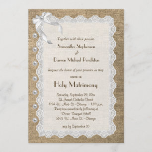 Trendy Burlap Lace en Pearls Wedding Invite Kaart