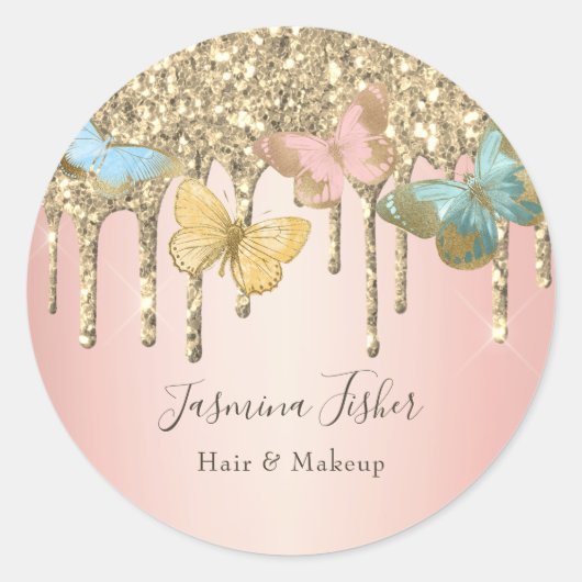 Trendy Butterfly Glitter Drip Girly Hair Makeup Ronde Sticker (Voorkant)