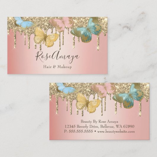 Trendy Butterfly Gold Glitter Roze Schoonheid Indu Visitekaartje (Voorkant / Achterkant)