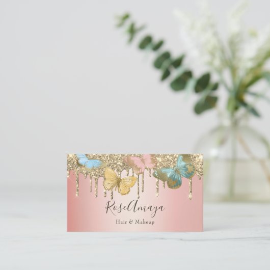 Trendy Butterfly Gold Glitter Roze Schoonheid Indu Visitekaartje (Staand voorkant)