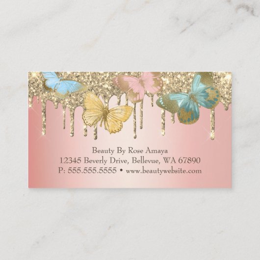 Trendy Butterfly Gold Glitter Roze Schoonheid Indu Visitekaartje (Achterkant)
