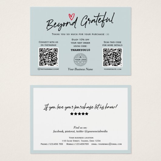 Trendy Calligraphy Dusty Blue QR Code Cadecard Visitekaartje (Voorkant /achterkant)