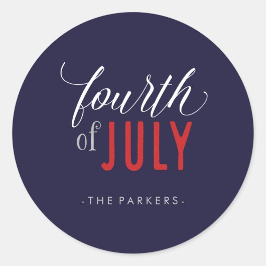 Trendy Calligraphy Red White en Blue 4 juli Ronde Sticker (Voorkant)