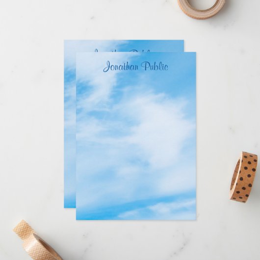 Trendy Calligraphy Script Name Blue Sky Clouds Notitiekaartje (Voorkant / Achterkant in situ)