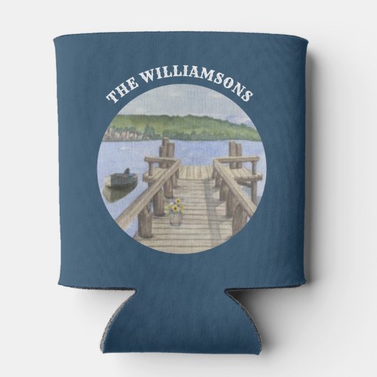 Trendy Can Cooler Watercolor Dock Lake Mountains  (Achterkant)