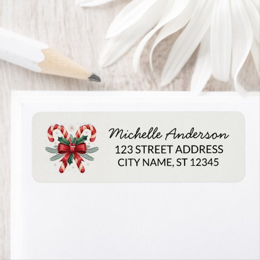 Trendy Candy cane with Holly leaves Return Address Etiket (Insitu)