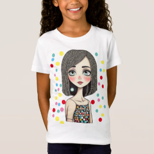Trendy Cartoon Meisje met Stippenjurk Kunst T-shirt