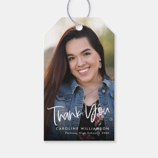 Trendy Casual Script Afstuderen Foto Dank u Cadeaulabel (Voorkant)