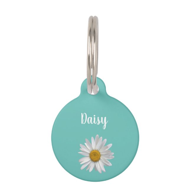 Trendy Cat White Daisy Cute Kat Blauwgroen Groen Huisdierpenning (Voorkant)