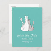 Trendy Cats Tekening Bruiloft Bewaar de Datum Blau Aankondigingskaart (Voorkant / Achterkant)