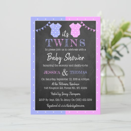 Trendy Chalkboard Boy & Girl Twins Baby shower Kaart (Staand voorkant)