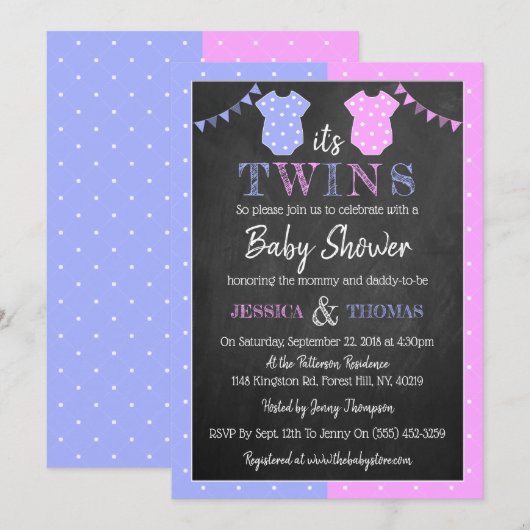 Trendy Chalkboard Boy & Girl Twins Baby shower Kaart (Voorkant / Achterkant)