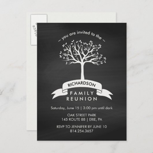 Trendy Chalkboard Family Reunion met Tree Uitnodiging Briefkaart (Voorkant / Achterkant)