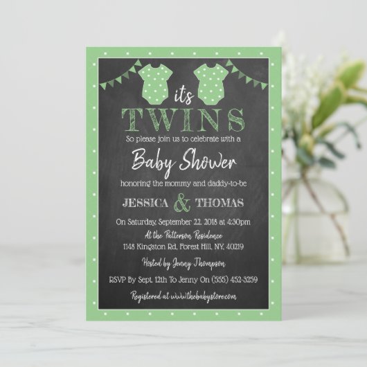 Trendy Chalkboard Neutral Twins Baby shower Kaart (Staand voorkant)