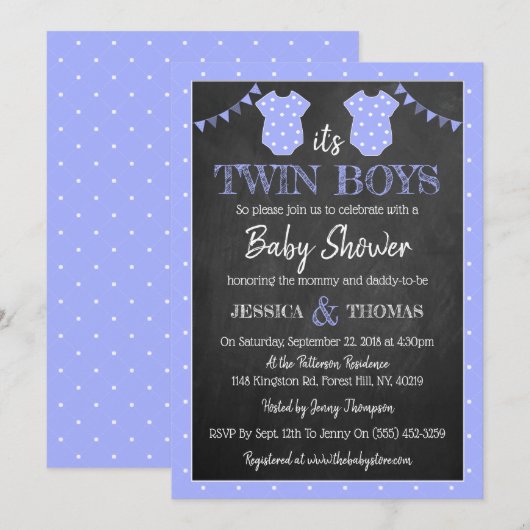 Trendy Chalkboard Twin Boys Baby shower Kaart (Voorkant / Achterkant)