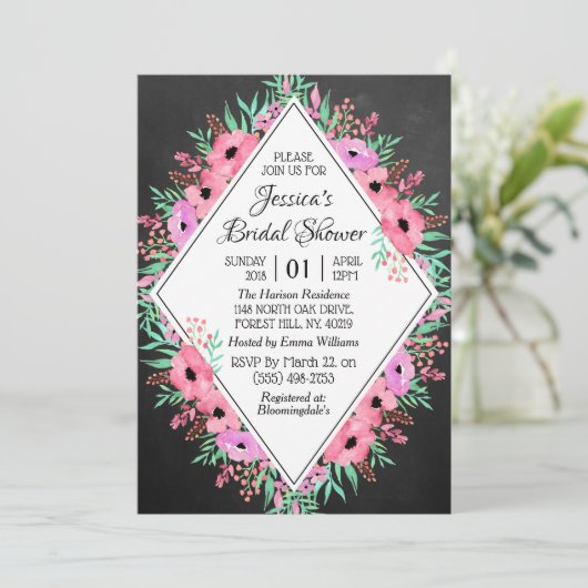 Trendy Chalkboard Waterverf Flowers Vrijgezellenfe Kaart (Staand voorkant)