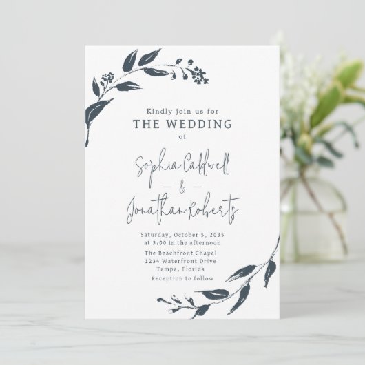 Trendy Charcoal Botanicals QR Code Bruiloft Kaart (Staand voorkant)