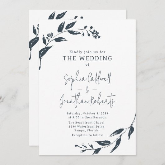 Trendy Charcoal Botanicals QR Code Bruiloft Kaart (Voorkant / Achterkant)