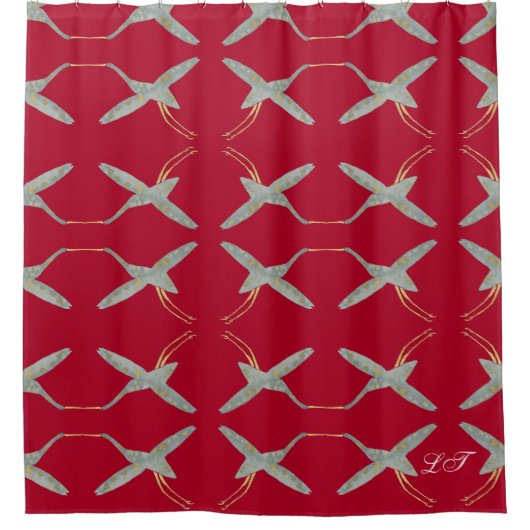 Trendy Cherry Red Moderne Chic Kraanvogels Douchegordijn (Voorkant)