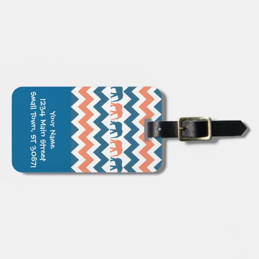 Trendy Chevron Elephants Coral Blue Stripe Pattern Bagagelabel (Voorkant horizontaal)