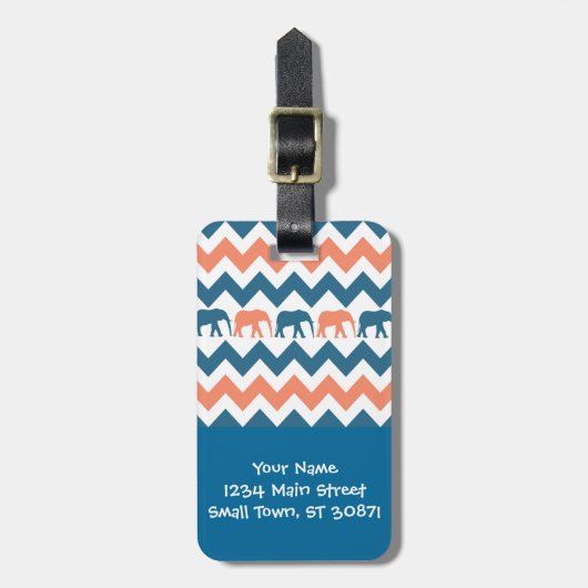 Trendy Chevron Elephants Coral Blue Stripe Pattern Bagagelabel (Voorkant verticaal)