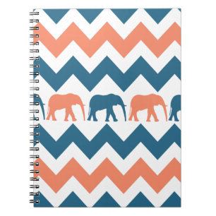 Trendy Chevron Elephants Coral Blue Stripe Pattern Notitieboek