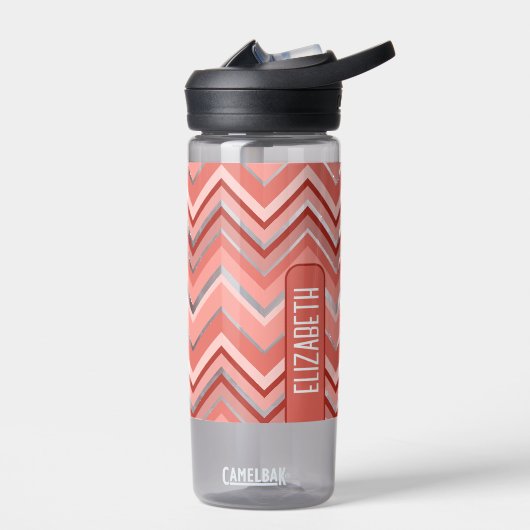 Trendy Chevron Pattern, groot naamblok koraal Waterfles (Links)