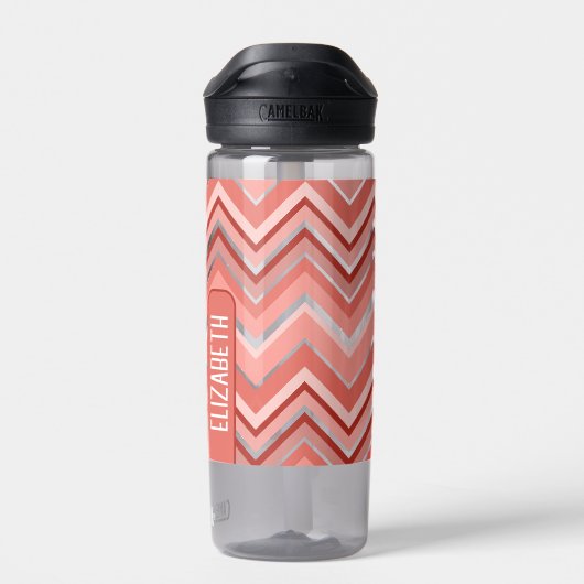 Trendy Chevron Pattern, groot naamblok koraal Waterfles (Achterkant)
