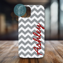 Trendy Chevron Pattern met naam - rood grijs Case-Mate iPhone Case