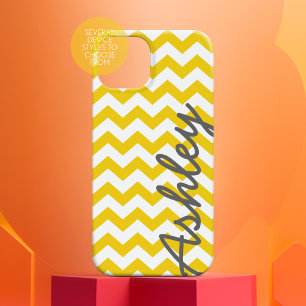 Trendy Chevron Pattern met naam - yellow grijy iPhone 15 Case