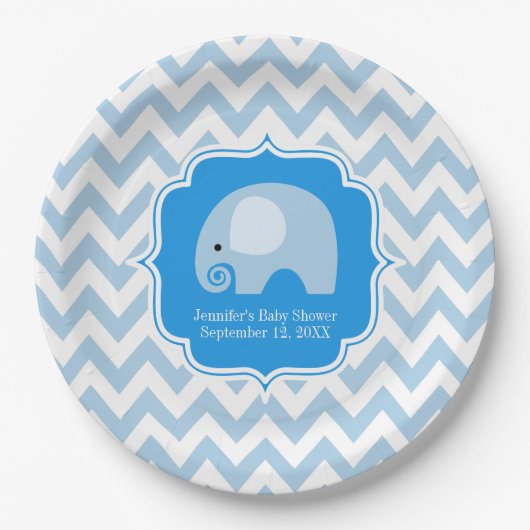 Trendy Chic Blue Elephant Baby Boy Douche Chevron Papieren Bordje (Voorkant)