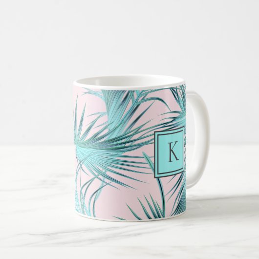 Trendy Chic Coastal Palms Pattern met Monogram Koffiemok (Voorkant rechts)