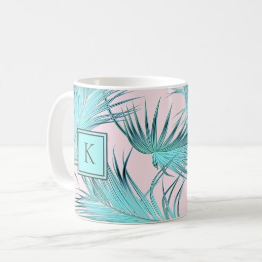 Trendy Chic Coastal Palms Pattern met Monogram Koffiemok (Voorkant links)