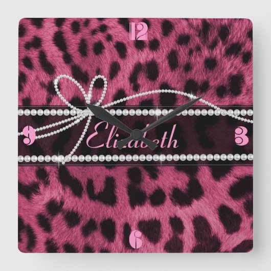 Trendy chic girly faux hot roze leopard animal vierkante klok (Voorkant)