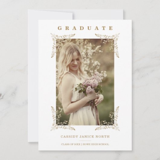 Trendy Chic Golden Lace Romantic Afstuderen Foto Kaart (Voorkant)