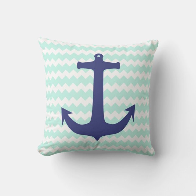 Trendy Chic Mint Chevron Blue Anchor Pillow Kussen (Voorkant)