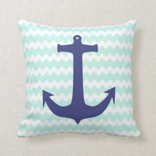 Trendy Chic Mint Chevron Blue Anchor Pillow Kussen