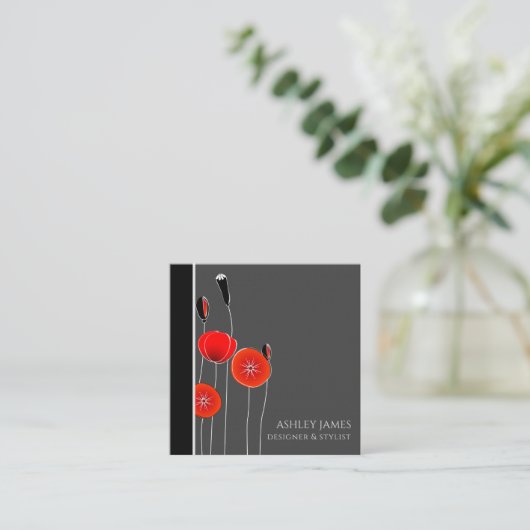 Trendy Chic Modern Red Floral Designer Stylist Vierkante Visitekaartje (Staand voorkant)