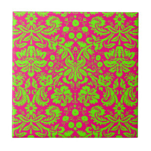Trendy Chic Neon Damask Green op Roze Tegeltje