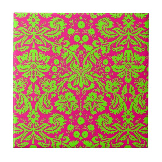 Trendy Chic Neon Damask Green op Roze Tegeltje (Voorkant)