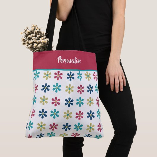 Trendy Chic Pink Blue Glitter Flowers Girly Cute Tote Bag (Dichtbij)