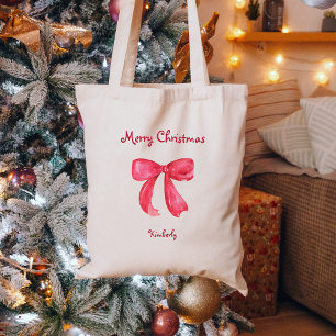 Trendy Chic Red Bow   vrolijk kerstfeest Tote Bag