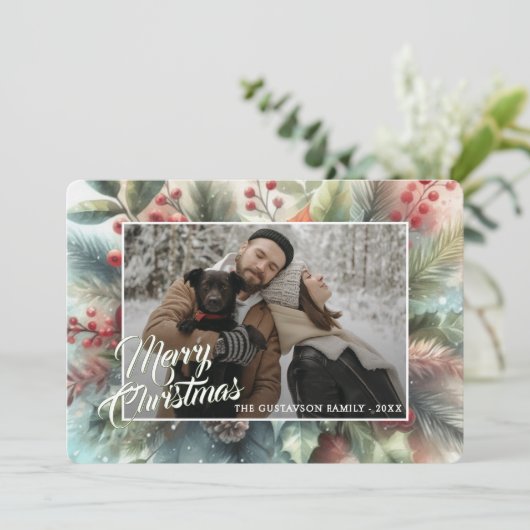 Trendy Chic Rode Bloemen Berries Vakantie Krans Feestdagenkaart (Staand voorkant)