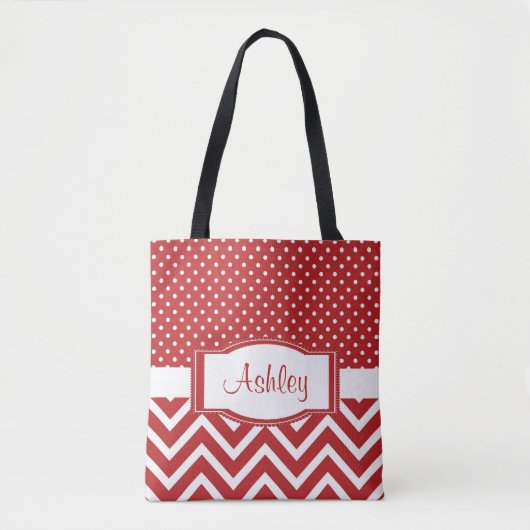 Trendy Chic Scarlet Red Polka Dot Chevron Monogram Tote Bag (Voorkant)